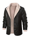kkboxly  Warm Fleece PU Jacket, Men's Casual Lapel Faux Leather Jacket For Fall Winter