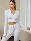 kkboxly  Women's Activewear: Fashionable Solid Color Half Zipper Yoga Sports Top with Stretchy Ribbed Knitting for Long Sleeve Fitness Workout Gym Wear