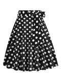 kkboxly  Polka Dot Print Pleated Skirts, Vintage Bow Flare Skirts For Spring & Summer, Women's Clothing