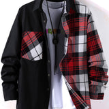 kkboxly  Stylish Collage Chest Pocket Plaid Pattern Casual Long Sleeve Button Up Shirt, Men's Clothes For Spring Summer Fall Outdoor