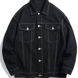 kkboxly Men's Trendy White Line Double Pocket Loose Denim Jacket
