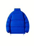 kkboxly  Men's Solid Fleece Puffer Coat, Casual Stand Collar Zip Up Thermal Jacket For Outdoor Fall Winter