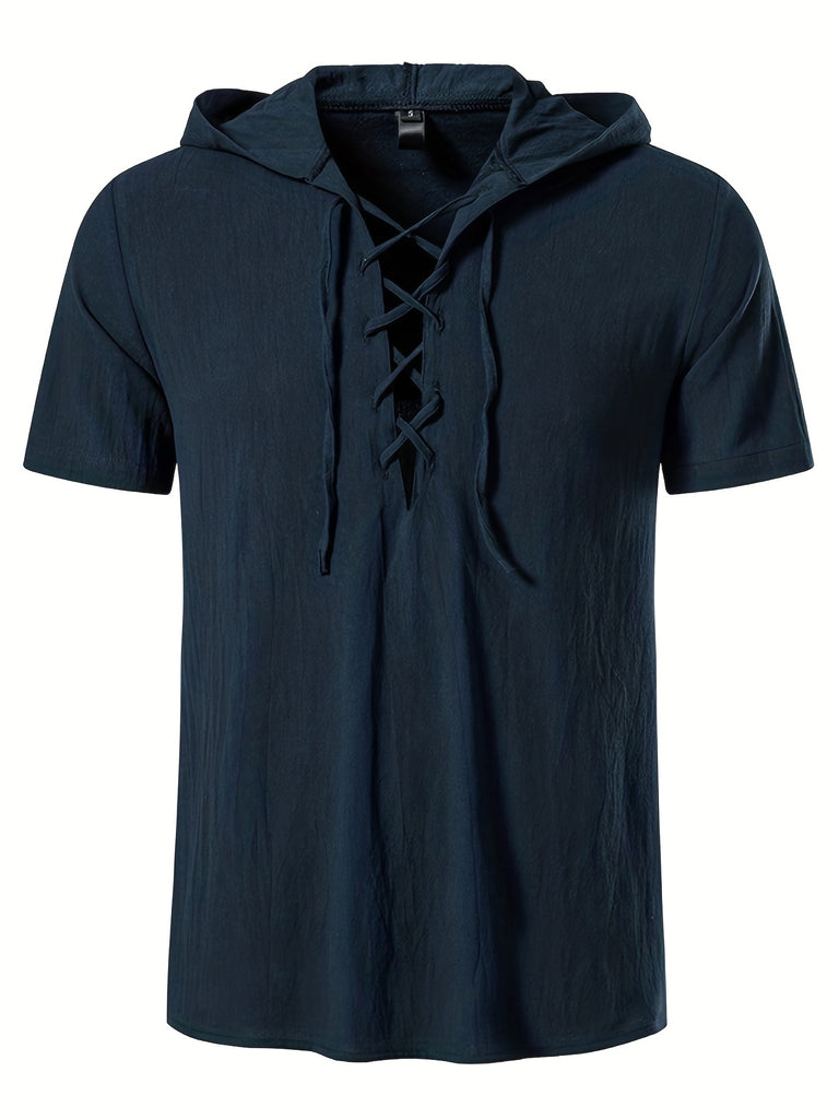 kkboxly  Trendy Men's Casual Lace Up Hooded Short Sleeve Cotton Shirt, Men's Shirt For Summer Vacation Resort