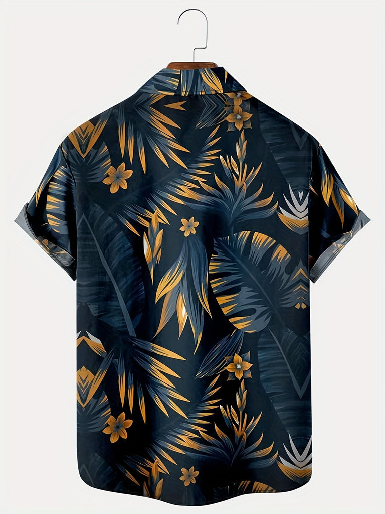 kkboxly  Men's Plus Size Hawaiian Shirt with Leaves Print - Perfect for Summer Vacations and Resort Wear
