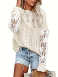 kkboxly  Contrast Lace Eyelet Knit Sweater, Casual Crew Neck Long Sleeve Sweater, Women's Clothing