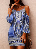 kkboxly  Ethnic Floral Cold Shoulder Dress, Boho Summer Mini Cami Dress, Women's Clothing
