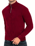 kkboxly  Men's Stand Collar Solid Knit Sweater , Men's Casual Lapel Slightly Stretch V-Neck Pullover Sweater For Men Winter Fall