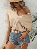 2025 kkboxly  Ruched Short Sleeve Blouse, Casual Button Front Collar Blouse, Women's Clothing