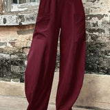 kkboxly  Plus Size Casual Pants, Women's Plus Solid Elastic High Rise Slight Stretch Loose Pants With Pockets