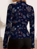 kkboxly  Floral Print Mock Neck Top, Boho Long Sleeve Slim Top For Spring & Summer, Women's Clothing