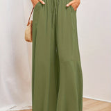 kkboxly  Drawstring Wide Leg Pants, Boho Pants For Spring & Summer, Women's Clothing
