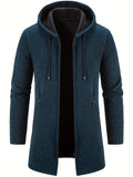 kkboxly  Warm Mid-length Hooded Fleece Coat, Men's Comfortable Solid Color Zip Up Knitted Cardigan For Spring Fall