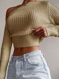 kkboxly  Ribbed Asymmetrical Neck Knit Crop Sweater, Sexy Cold Shoulder Long Sleeve Pullover Sweater, Women's Clothing