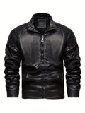 kkboxly  Men's Casual Fashion Stand-up Collar Plush Pu Leather Jacket Waterproof Windproof Warm Winter Coat