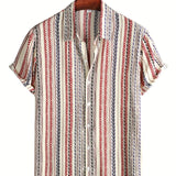 kkboxly  Vertical Stripes Men's Vintage Lapel Shirt For Spring Fall Outdoor, Casual Geometry Button Up Short Sleeve Graphic Novel Clothes