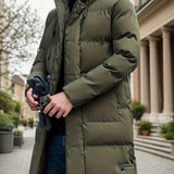kkboxly  Classic Design Warm Hooded Jacket, Men's Casual Solid Color Zip Up Cotton Padded Overcoat For Fall Winter Outdoor