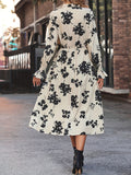 kkboxly  Floral Print Tie Front Dress, Elegant Cinched Waist Long Sleeve Dress, Women's Clothing