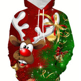 kkboxly  Christmas Elk& Santa Print Hoodie, Cool Hoodies For Men, Men's Casual Graphic Design Pullover Hooded Sweatshirt With Kangaroo Pocket Streetwear For Winter Fall, As Gifts