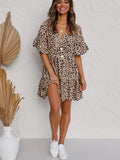 Kkboxly  Leopard Print Button Tiered Dress, Ruffle Hem V Neck Short Sleeve Layered Dress, Casual Every Day Dress, Women's Clothing