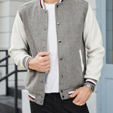 kkboxly  Classic Design Varsity Jacket, Men's Casual Color Block Button Up Jacket For Spring Fall School Baseball