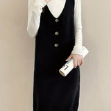 kkboxly  Solid Button Decor V Neck Knitted Dress, Elegant Sleeveless Tank Dress For Fall & Winter, Women's Clothing