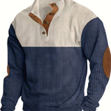 kkboxly Retro Color Block Knitted Ribbed Sweater, Men's Casual Warm Mid Stretch Stand Collar Pullover Sweater For Men Fall Winter