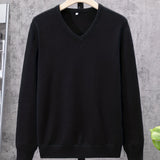 kkboxly  All Match Knitted Solid Sweater, Men's Casual Warm Slightly Stretch V Neck Pullover Sweater For Men Fall Winter