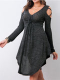 kkboxly  Cold Shoulder Drawstring Dress, Casual V Neck Long Sleeve Mini Dress, Women's Clothing