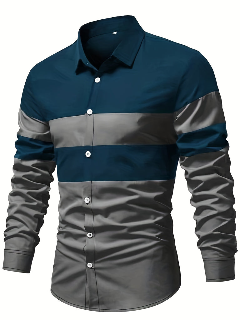 kkboxly  Color Block Print Men's Casual Button Up Long Sleeve Shirt, Men's Clothes For Spring Summer Autumn, Tops For Men