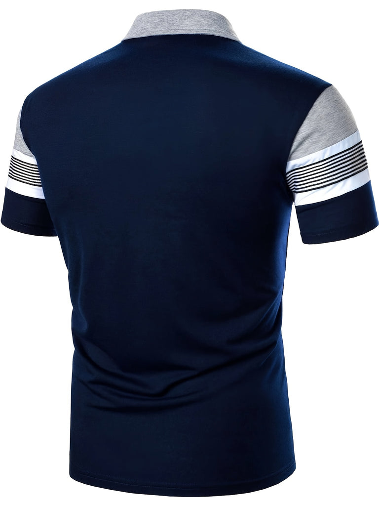 kkboxly  Casual Stripe Color Block Slightly Stretch Button Up Short Sleeve Polo Shirt, Men's POLO For Summer