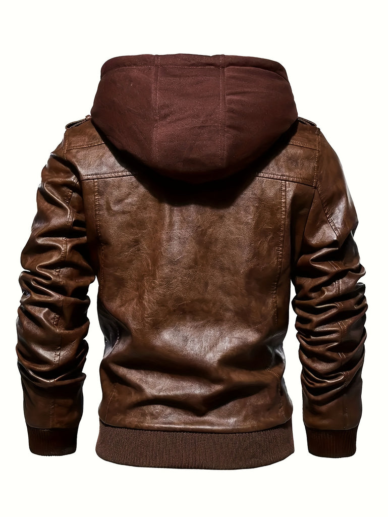 kkboxly  Men's PU Hooded Biker Jacket, Men's Casual Multi Pockets Stylish Faux Leather Jacket Coat