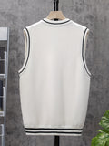 kkboxly  Casual Sleeveless V-Neck Sweaters, Men's Vertical Stripe Knit Vest