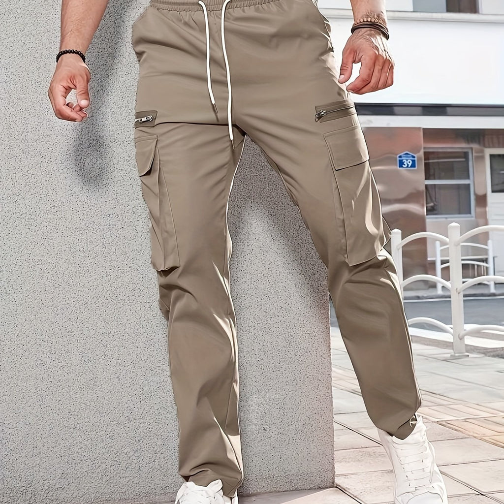 kkboxly  Classic Design Multi Flap Pockets Cargo Pants,Men's Loose Fit Drawstring Cargo Pants，For Skateboarding,Street,Outdoor Camping