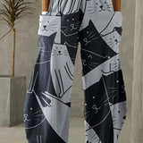 kkboxly  Women's Pants Mid Waist Cat Print Pocket Long Length Pants