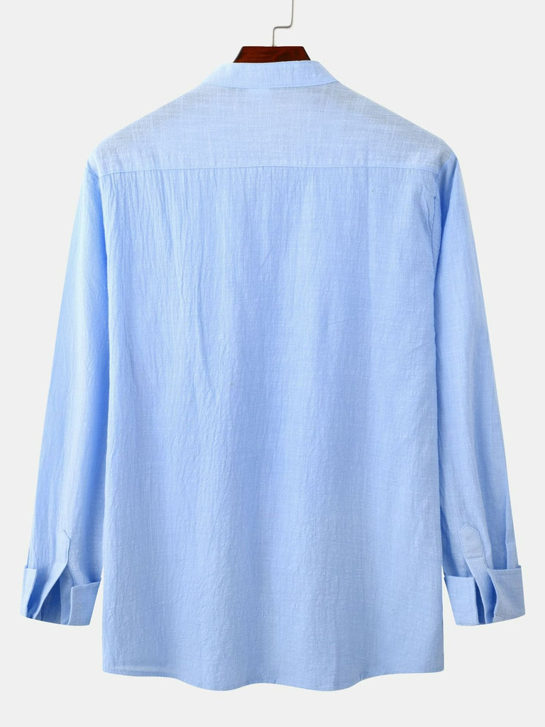 kkboxly  Men's Autumn&Winter Simple Casual Cerulean Cotton And Linen Long Sleeves Lapel Cardigan Shirt For Daily Life