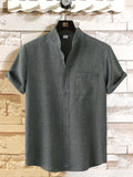 kkboxly  Casual Linen Men's Stand Collar Short Sleeve Shirt With Chest Pocket, Solid Color Men's Shirt For Summer Outdoor, Gift For Men