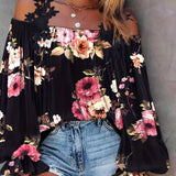 kkboxly   Lace Trim Floral Print Blouse, Casual Pleated Lantern Sleeve Off Shoulder Blouse, Women's Clothing