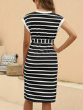 kkboxly  Striped Print Cap Sleeve Dress, Casual V Neck Button Front Split Dress, Women's Clothing