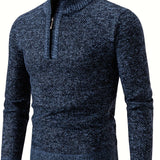 kkboxly  Men's Trendy Solid Knitted Pullover, Casual Slightly Stretch Breathable Turtle Neck Zip Up Long Sleeve Top For Outdoor Fall Winter