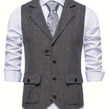 kkboxly  Men's Herringbone Tweed Vest Notched Lapel Single Breasted Sleeveless Vest Jacket