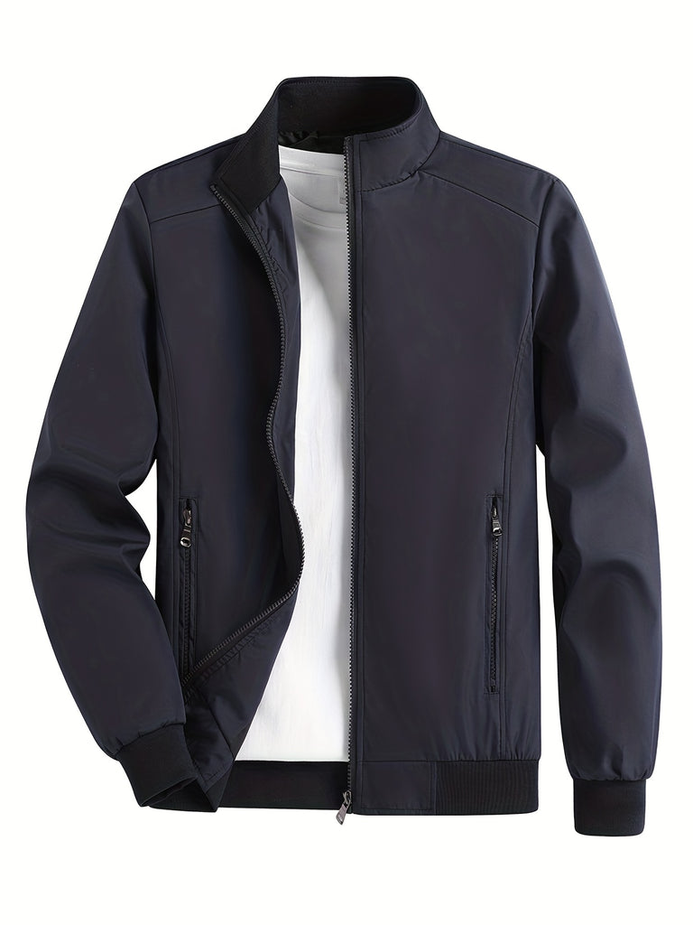 kkboxly  Classic Design Lightweight Jacket, Men's Casual Zip Up Stand Collar Zipper Pockets Jacket Coat For Spring Fall