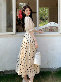 kkboxly  Polka Dot Tiered Maxi Dress, Half Sleeve V Neck Random Print Casual Dress, Women's Clothing