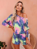 kkboxly Colorful Tie Dye Print Two-piece Set, Crew Neck Long Sleeve Top & Pocket Shorts Outfits, Women's Clothing
