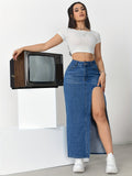 kkboxly  Split Thigh Whiskering Denim Midi Skirt, Slant Pockets Non-Stretch Casual Denim Skirt, Women's Denim Clothing