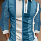 kkboxly  Men's Stripe Long Sleeve Zip Polo Shirt, Men's Clothing