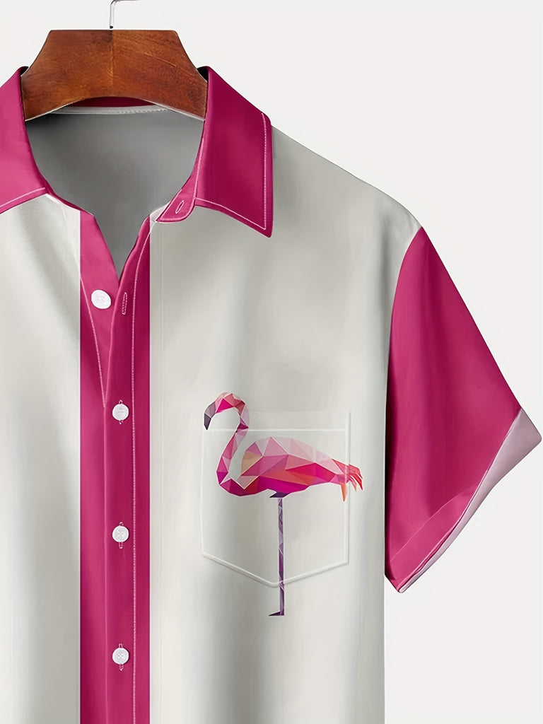 kkboxly  Men's Hawaiian Flamingo Printed Button Up Shirt with Pocket - Resort Style Tee Tops for Casual Wear and Plus Size Men's Clothing