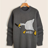 kkboxly  All Match Knitted Cartoon Duck Pattern Sweater, Men's Casual Warm Slightly Stretch Crew Neck Pullover Sweater For Men Fall Winter