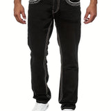kkboxly  Slim Fit Straight Leg Jeans, Men's Casual Street Style Distressed Medium Stretch Denim Pants For All Seasons