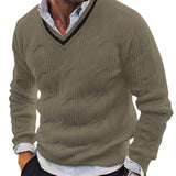 All Match Knitted Sweater, Men's Casual Vintage Warm High Stretch V Neck Pullover Sweater For Fall Winter Preppy