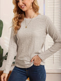 kkboxly  Eyelet Solid T-shirt, Casual Crew Neck Long Sleeve T-shirt, Women's Clothing